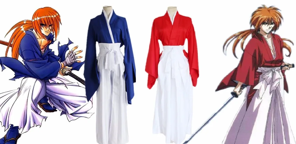 Rurouni Kenshin Himura красный синий Кимоно костюмы Косплей Полный комплект Kendo Униформа