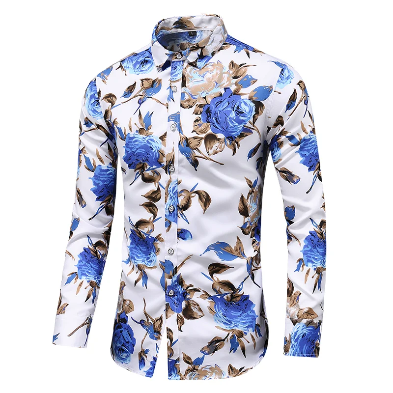 Large Size 7XL Mens Long Sleeve Flower Shirts Autumn Fashion Casual Rose Shirt Male