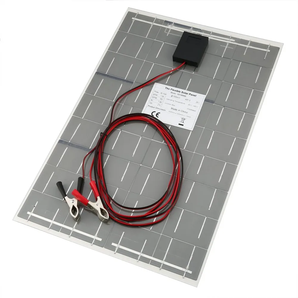 

18V 30W Flexible Car Battery Solar Charger Portable Solar Panel Charger with Battery Charging Crocodile Clip Line