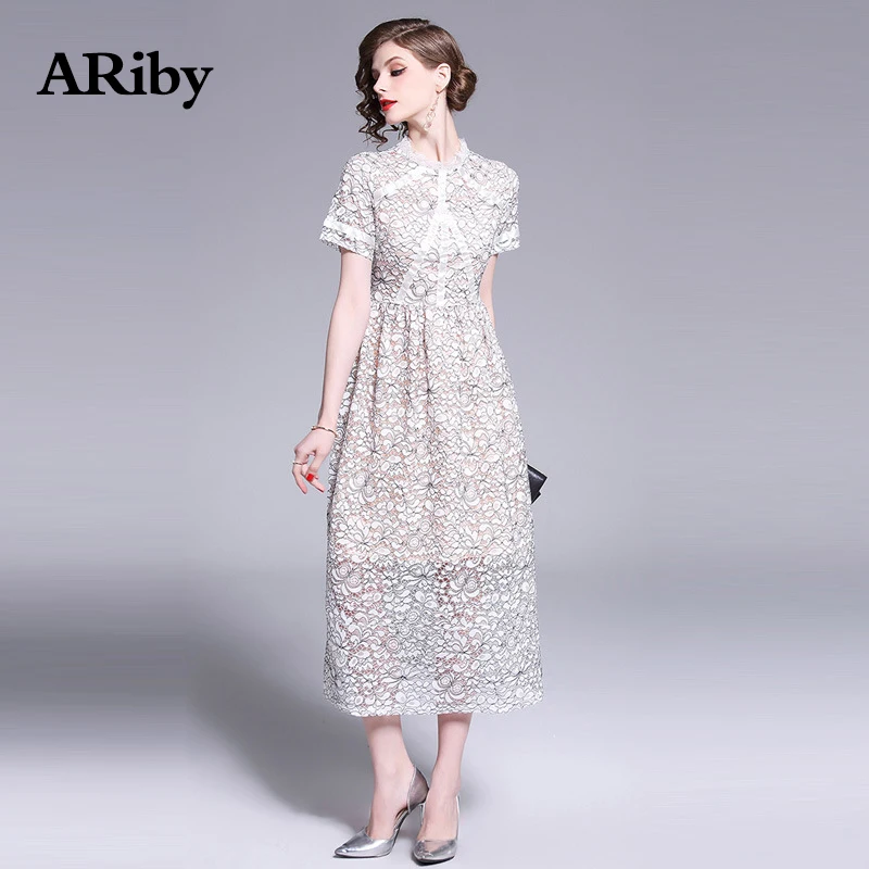 Women Dress Summer Elegant Long Maxi Dress 2019 New Office Lady Slimming Lace Stitching Stand Collar Short Sleeve A-Line Dresses