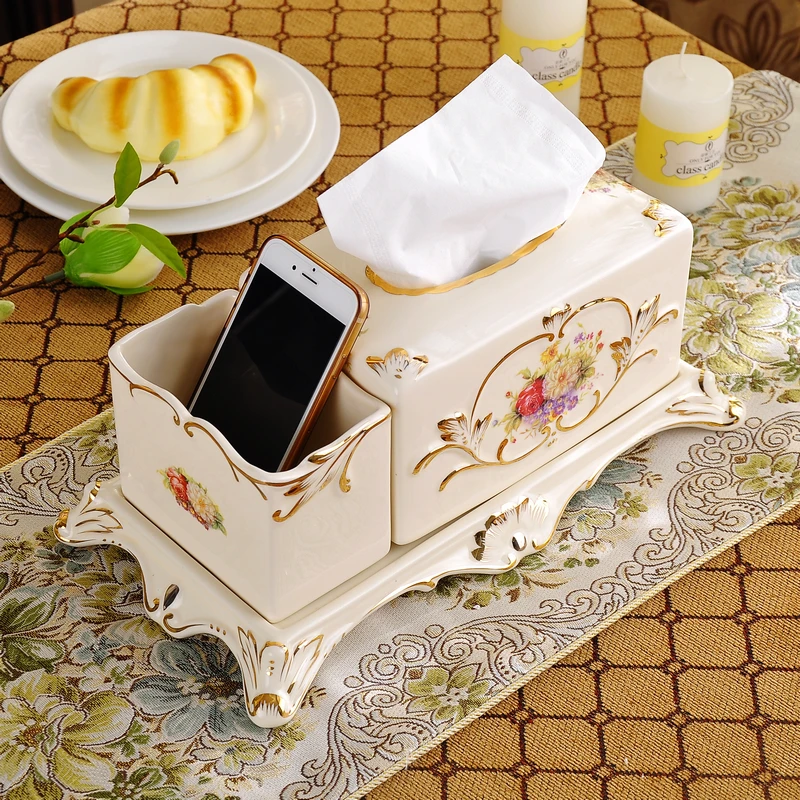 European style multifunctional ceramic tissue box, paper box, luxury luxury living room, remote