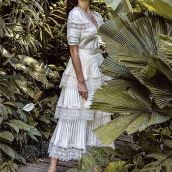 

Ordifree 2019 Summer Maxi Dress for Women Elegant Long Party Dress White Lace Maxi Cake Dresses