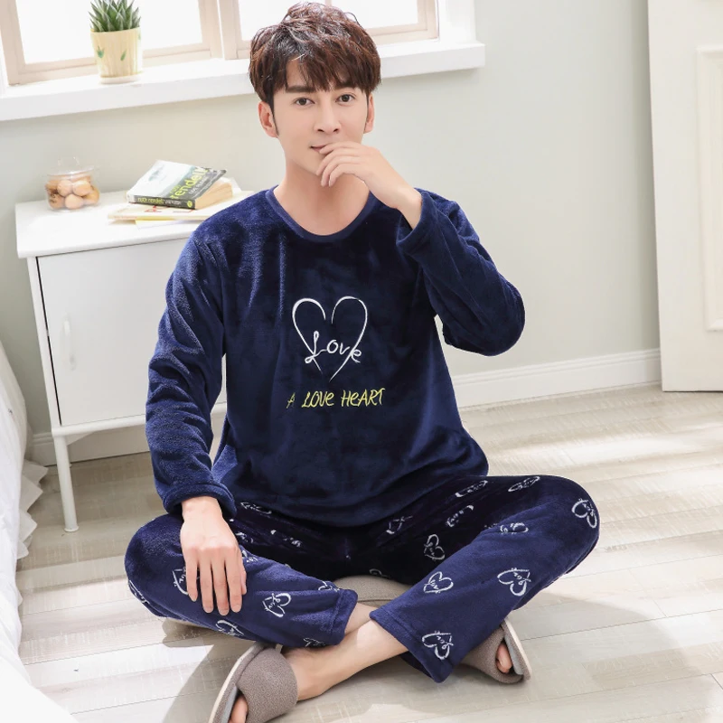 Men's Pajamas Set Autumn Winter Coral Fleece Warm Thicken Flannel Warm Pajamas Men's Long Sleeve Nightwear Top Pant Flannel