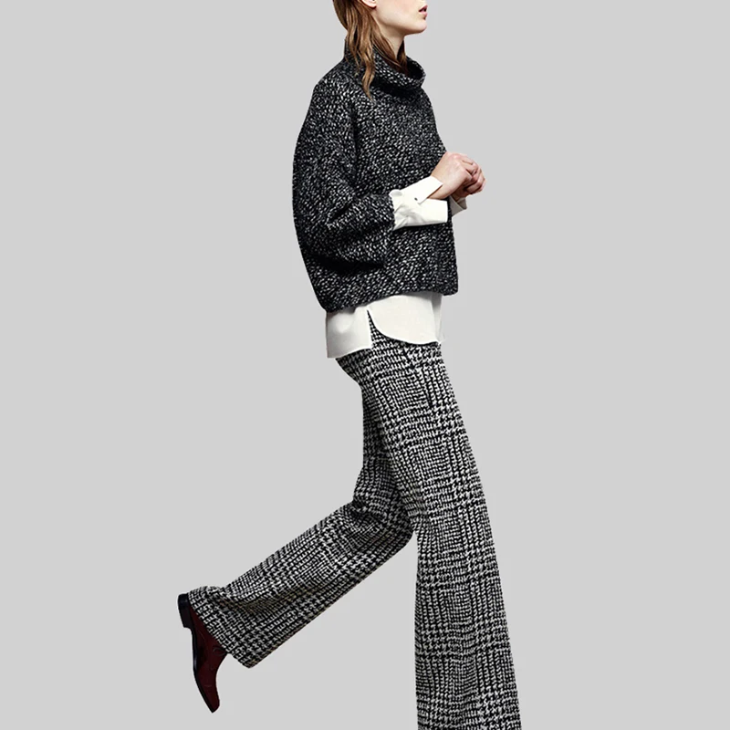 2019 Casual Womens Winter Wide Leg Wool Pants All-Match High Waist Plus Size Plaid Trousers Female Zip-Up Long Pants Bottoms 2019 Casual Womens Winter Wide Leg Wool Pants All-Match High Waist Plus Size Plaid Trousers Female Zip-Up Long Pants Bottoms