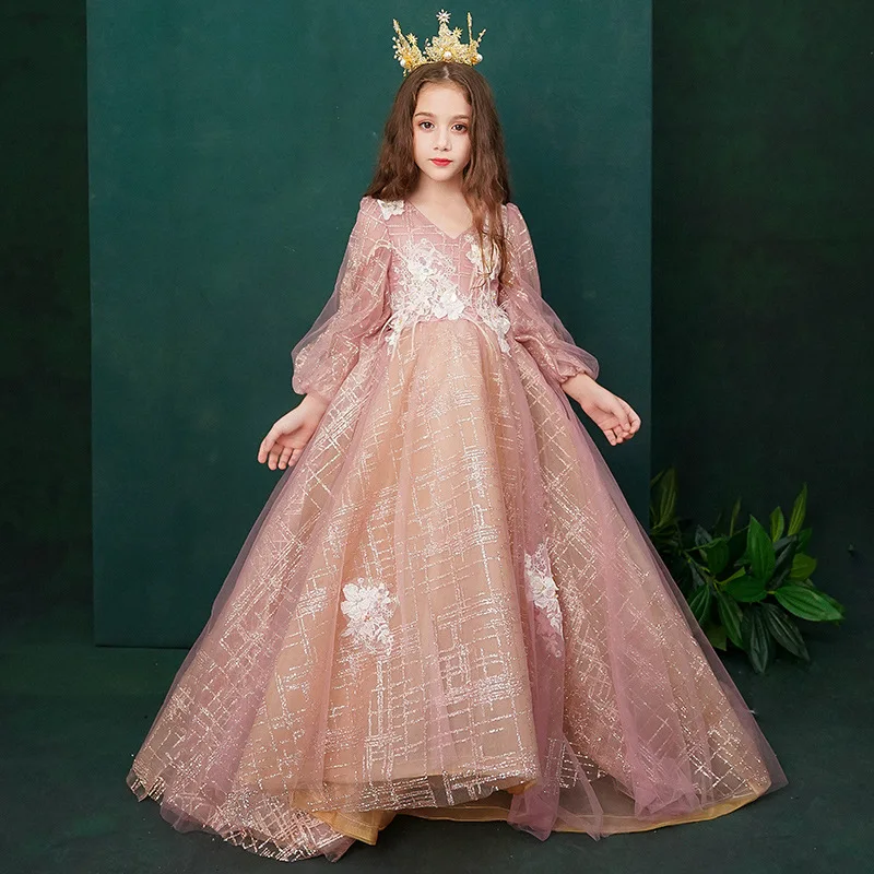

Bling Royal Flower Girl Dresses Wedding Long Trailing V-neck Kids Pageant Dress Birthday Costume Lace-Up Backless Evening Gowns