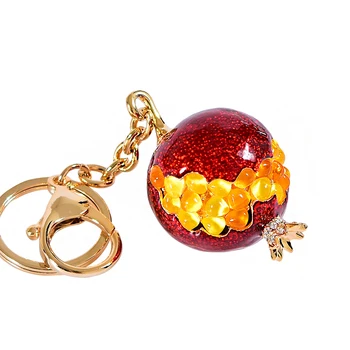 

Elegant Gold Plating With Red Green Hand Enameled and Clear Rhinestones Beads Jeweled Pomegranate Design Zinc Alloy Key Chains