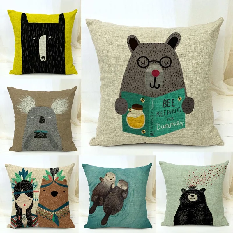 

Decorative Throw Pillows Case Cute Animals Bear Otter Cotton Linen Cushion Cover For Sofa Home Decor funda cojines 45X45CM