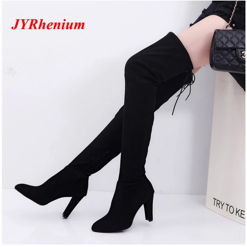 JYRhenium 2018 New Flock Leather Women Over The Knee Boots Lace Up Sexy High Heels Women Shoes Lace Up Winter Boots Warm Size chaco women s uma lace up boots