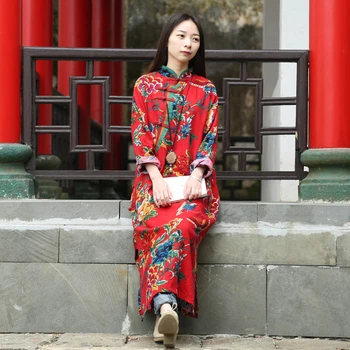 

New Design Big Flower Cotton Linen Spring Dress Women Robe Chinese Vintage Floral Dresses Cheongsam Qipao Ethnic Vestidos Jurken