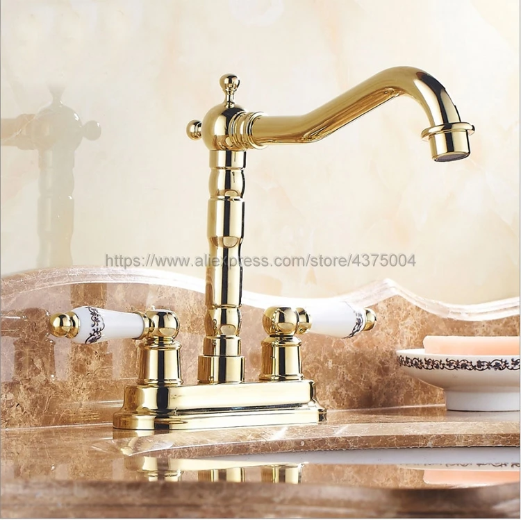 Gold Color Brass Double Handle Bathroom Wash Basin Mixer Taps / 2 Hole