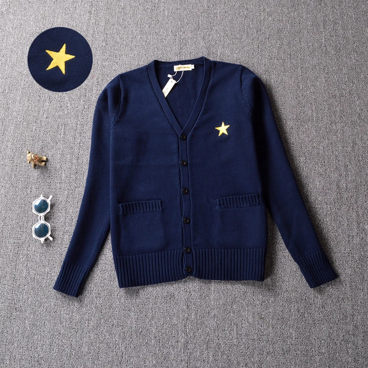 

Star Embroidery Unisex Cute Japanese JK Uniform Sailor Sweater Long Sleeve Cardigan Cosplay Thick Winter Color Navy Blue