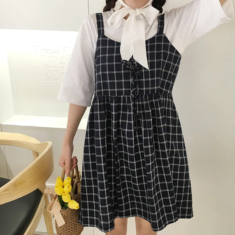 Summer Preppy Style Cute Loose Casual Plaid Simple All Match Female Dresses