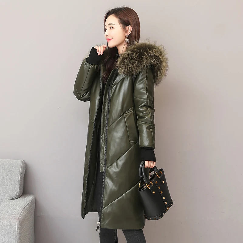 

Winter fashion brand big real fur collar hooded 90% duck down coat female real leather oversize longer thicker down parkas wq767