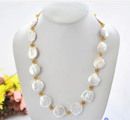 

Free shipping P5008 23" 22mm white baroque coin freshwater pearl faceted citrine necklace 6.10