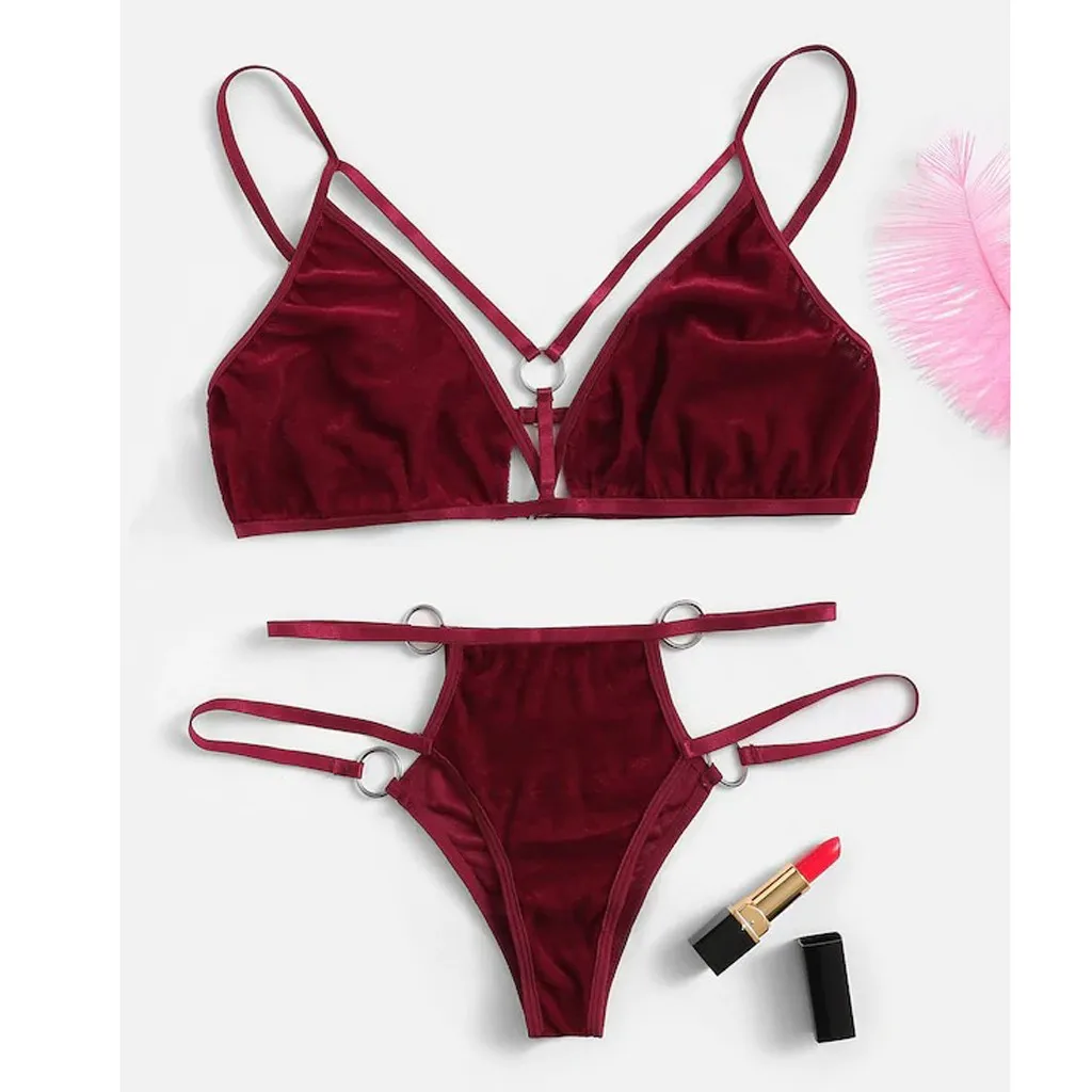 

G-string porno Female Sleepwear New Sexy Women Ring Linked Velvet Lingerie Set Hollowing V-Neck Bra With Thong Erotic costume