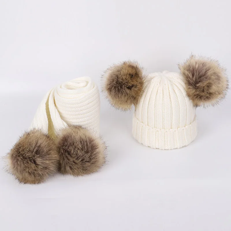 Новая детская вязаная шляпа теплая мягкий шарф 2 комплекта зимней мягкой шапки для мальчиков и девочек шерстяной шарф Детские модные милые шапки - Цвет: White