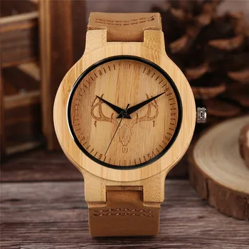 

Creative Bamboo Watch Men Women Modern Cattle Bull Head Pattern Handmade Leather Band Nature Wood Wristwatch Unisex Wooden Clock
