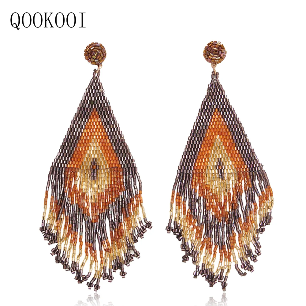 

QOOKOO I Ethnic Crystal Earrings Beaded Jewelry Vintage Rhombus Earing Fringe Drop Dangle Earrings Charm Jewelry Bridesmaid