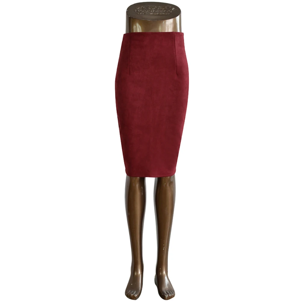 Разные женские юбки-карандаш, замша, одноцветная юбка, женская, высокая талия, с разрезом, облегающая, толстая, миди юбка, для офиса, для работы - Цвет: wine red