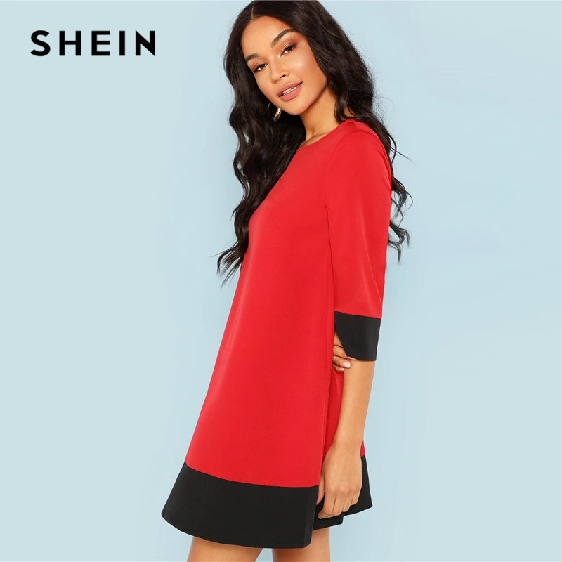SHEIN красное платье-туника с контрастной отделкой, рабочая одежда с цветными блоками, короткие платья с рукавом 3/4, женское осеннее элегантное прямое короткое платье