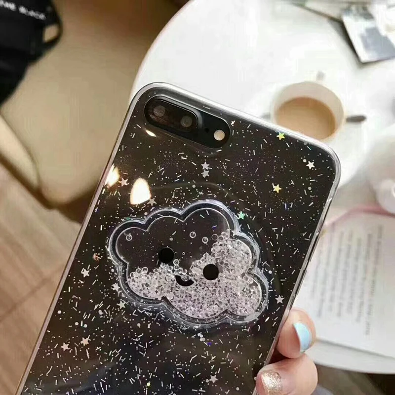 Cute Glitter Powder Smile Face Clouds Mobile Phone Case For iPhone X Soft TPU Dynamic Beads Back Cover For iphone 6 6s 7 8 Plus Case (4)