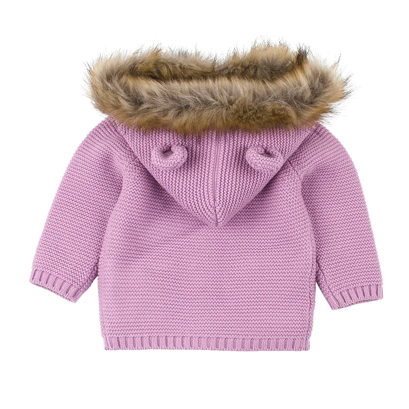 Новые зимние свитера; кардиганы для маленьких девочек; осенние вязаные куртки с капюшоном для новорожденных мальчиков; детская одежда с длинными рукавами и рисунком медведя