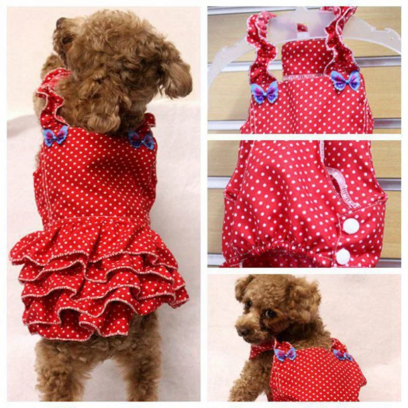 

New small Pet dog spring and summer Dress clothes dog princess skirt red color White dot printing with Double bow dog dresses