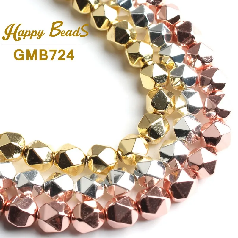 

8mm Natural Stone Faceted Hematite Rose Gold Sliver Round Loose Spacer Bead For Jewelry Making DIY Bracelet 3 Colors 15"Strand