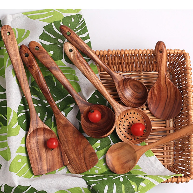 

7 Types Thai Teak Wooden Turner Spatula Rice Spoon Big Soup Scoop For Cooking Wood Kitchen Cooking Utensils Supplies