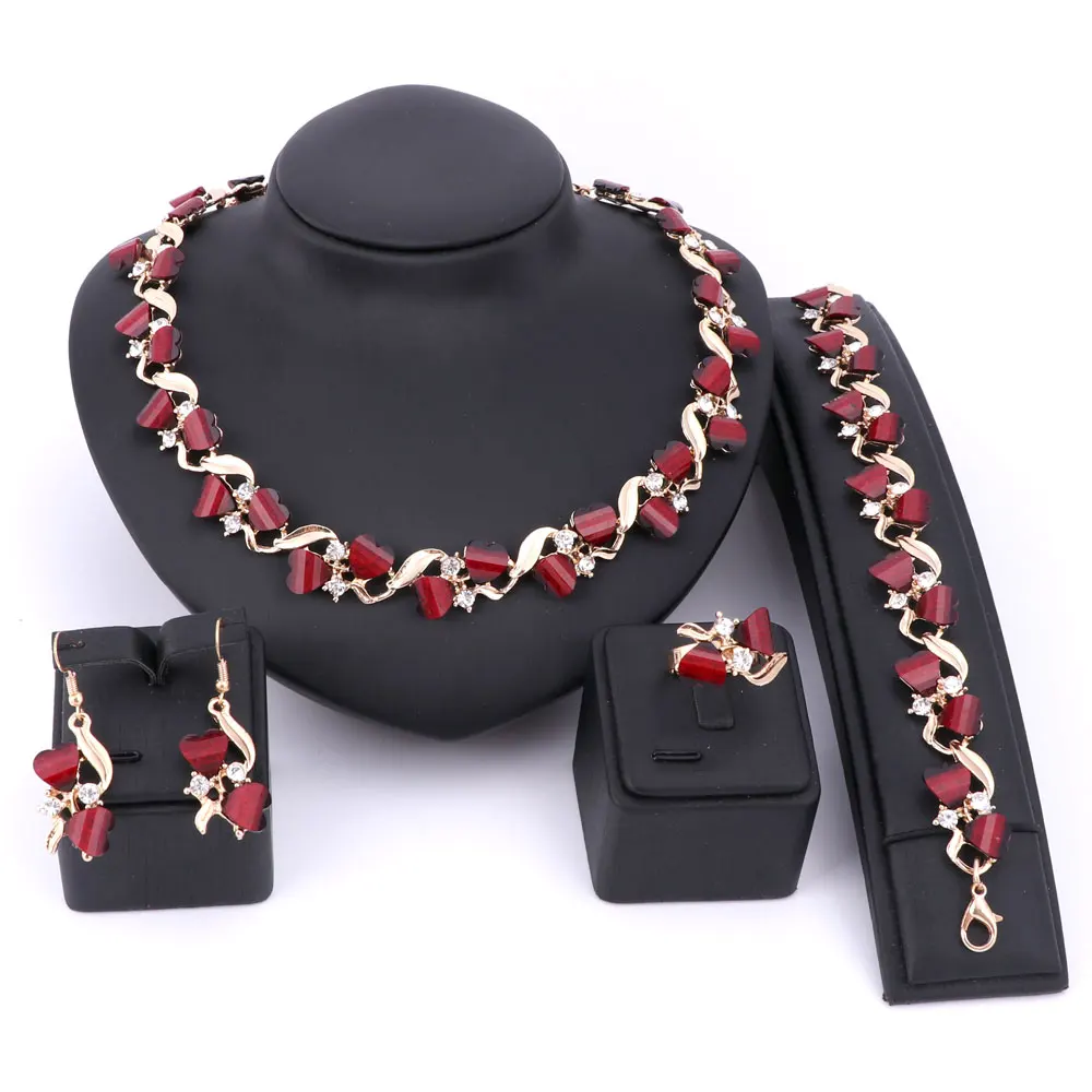 Изысканные Ювелирные наборы из красной смолы, ожерелье с кристаллами, набор для свадебной вечеринки, женские африканские бусы, винтажные Свадебные Кольца из сплава, браслет, серьги - Окраска металла: Gold 4pcs