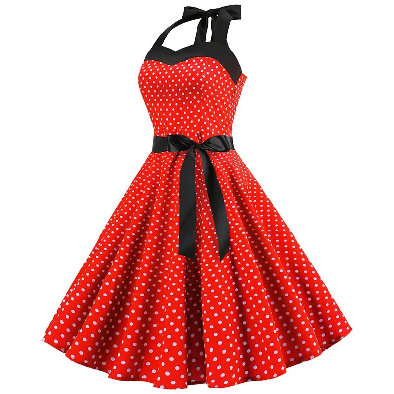 Sexy Retro Red Polka Dot Dress Audrey Hepburn Vintage Halter Dress 50s 60s Gothic Pin Up Rockabilly Dress Plus Size Robe