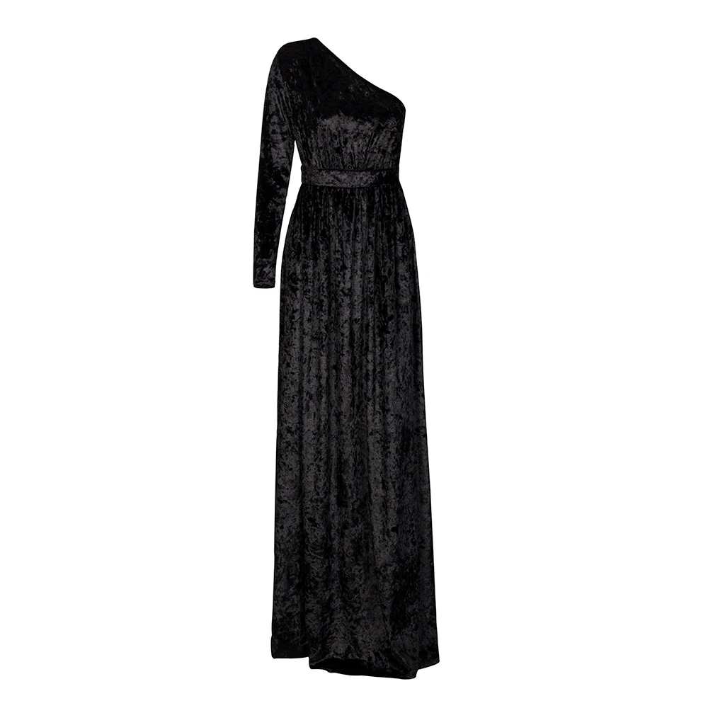 Новейшее черное модное сексуальное длинное платье с одним плечом, вельветовое вечернее платье с разрезом, вечерние платья с длинными рукавами Verano
