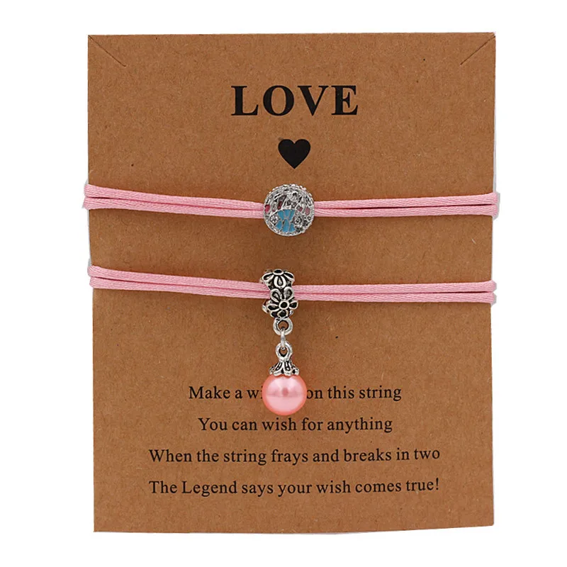 

2pcs set Pink imitation pearl pendant Bracelets Adjustable Wish Bracelet beach summer customized bestfriend Gifts for sister
