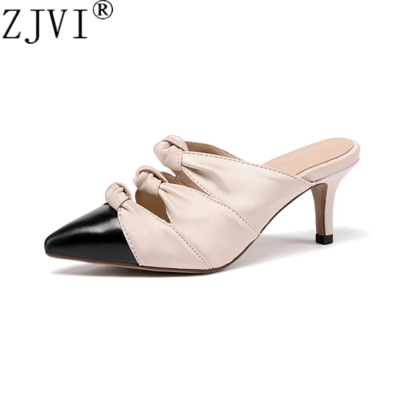 

ZJVI new arrival 2019 woman genuine leather thin high heels sandals women summer pointed toe shoes ladies party sandalias femme