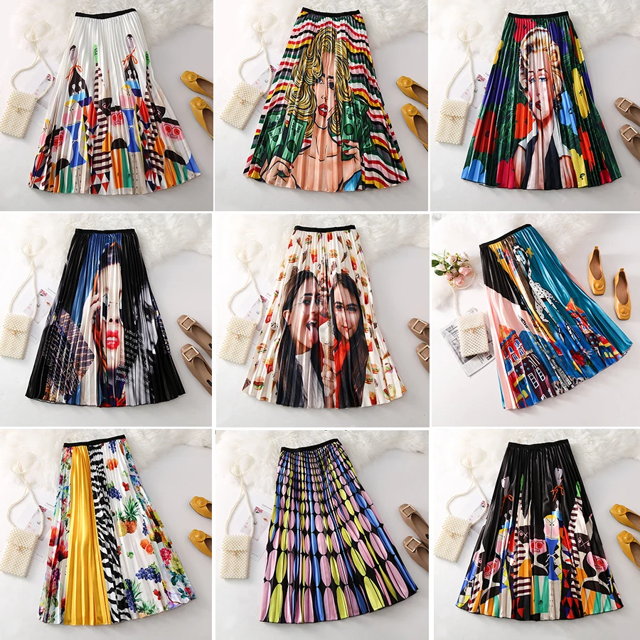 

Autumn women European cartoon Pattern skirts lady High Elasticity Pleated skirt High Street Style A-line print satin Skirts