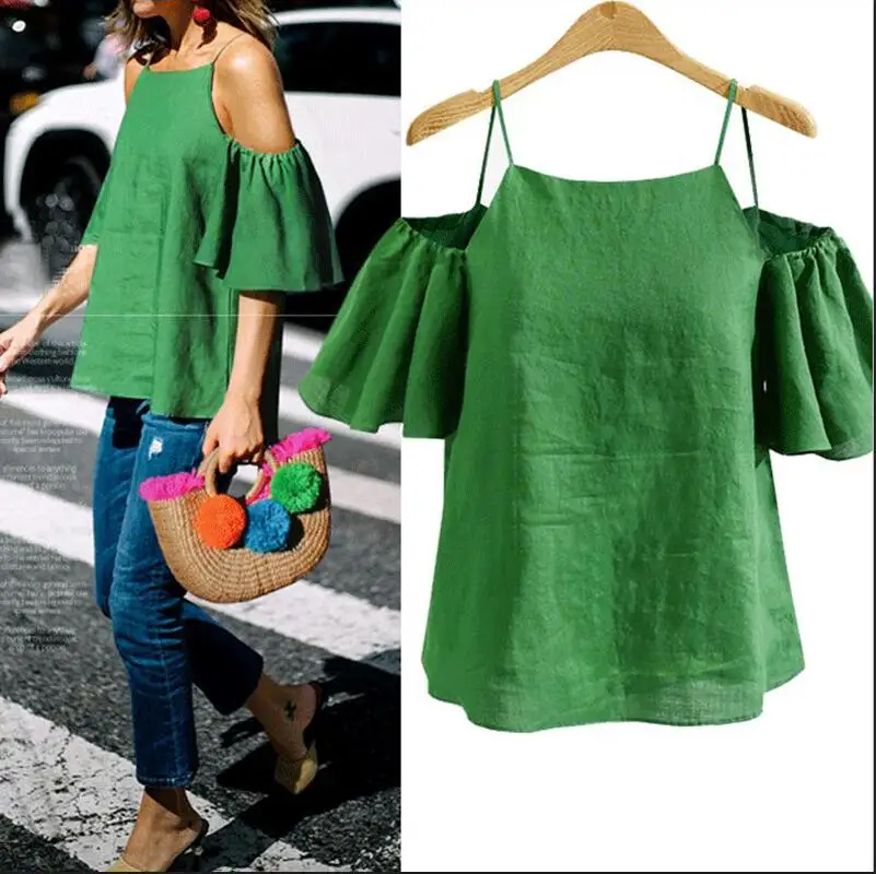 Изделие Duna Лето со спущенными плечами для женщин; Большие размеры блузка рубашка XXXL 4XL 5XL скольжения Симпатичные свободные зеленый sexy lady блузка рубашка - Цвет: Green