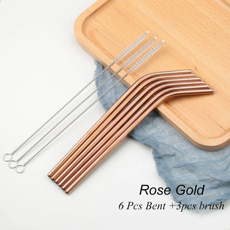 01 Bend Rose Gold 6 шт. многоразовые соломинки из нержавеющей стали для питья, прямые изогнутые металлические соломинки из нержавеющей стали, набор для кружек, вечерние аксессуары для бара - Цвет: 01 Bend Rose Gold