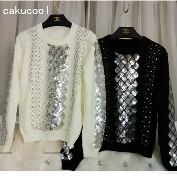 

Cakucool Beading Knit Tops Women Long Sleeve O-neck Sequined Sweaters Plaids Embroid Shiny Jumpers Sweater Knit Pullovers Female