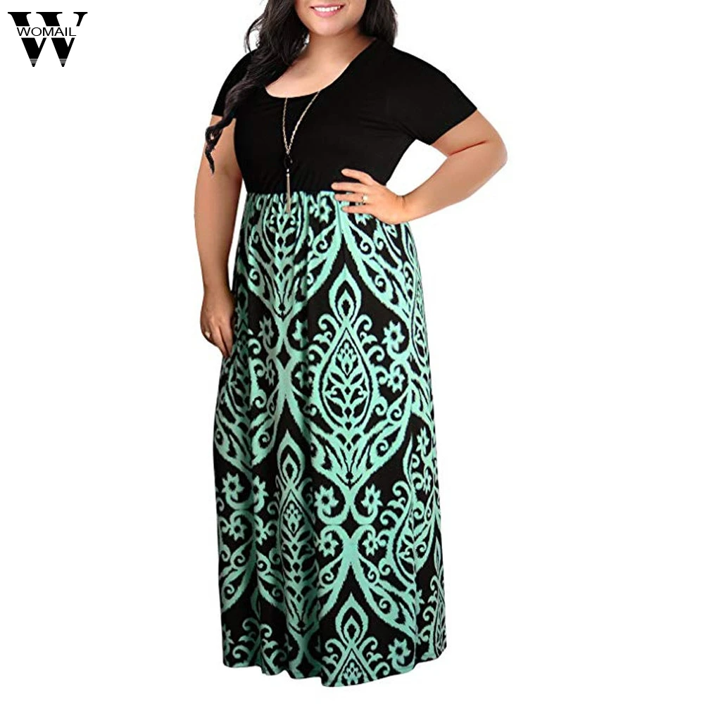 

large Dress Fashion Womens Women's Chevron Print Summer Short Sleeve Plus Size Casual Long Maxi Dress dropship Jan14