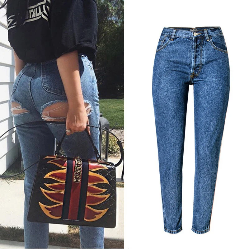 

Sexy Street Ripped Jeans Women Destroyed Broken Butt Holes Torn Pants Denim Female Designer High Waist Single Breasted Plus Size
