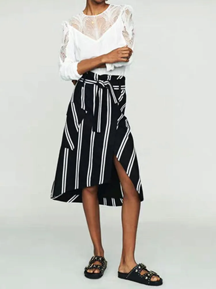 

2019 New Women Midi skirt irregular black and white striped ladies long skirt high waist skirt casual Autumn Winter with belt
