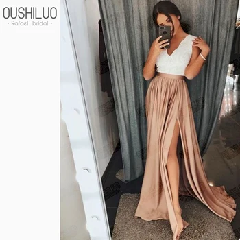 

Gorgeous White Lace Top Champagne Satin Skirt A-Line Prom Dresses Gown With Side Slit Deep V Neck Party Eveing Dress Customized