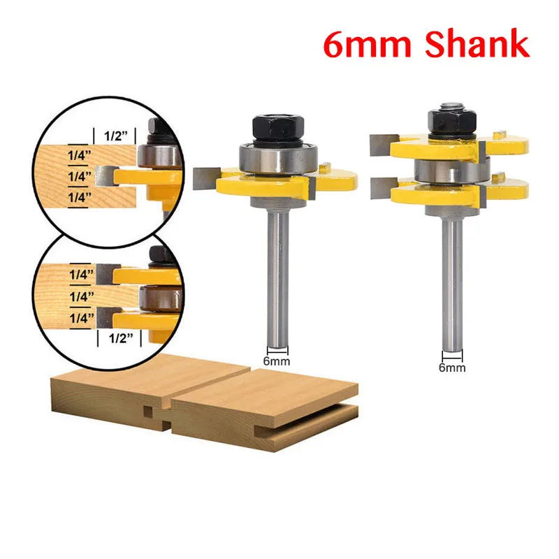 6mm Shank 2 Bit Tongue and Groove Router Bit Set Wood Milling Cutter