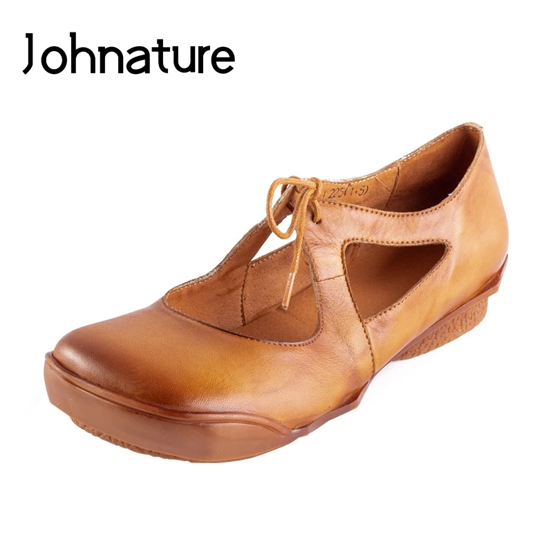 

Johnature 2019 Spring/Summer New Genuine Leather Basic Round Toe Casual Retro Lace-up Sewing Flats Women Shoes