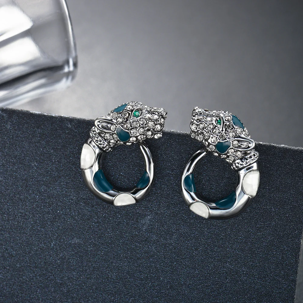 Viennois Gold / Gun Color Leopard Stud Earrings For Women Rhinestone Enamel Fashion Rhinestone Wedding Party Earrings Jewelry