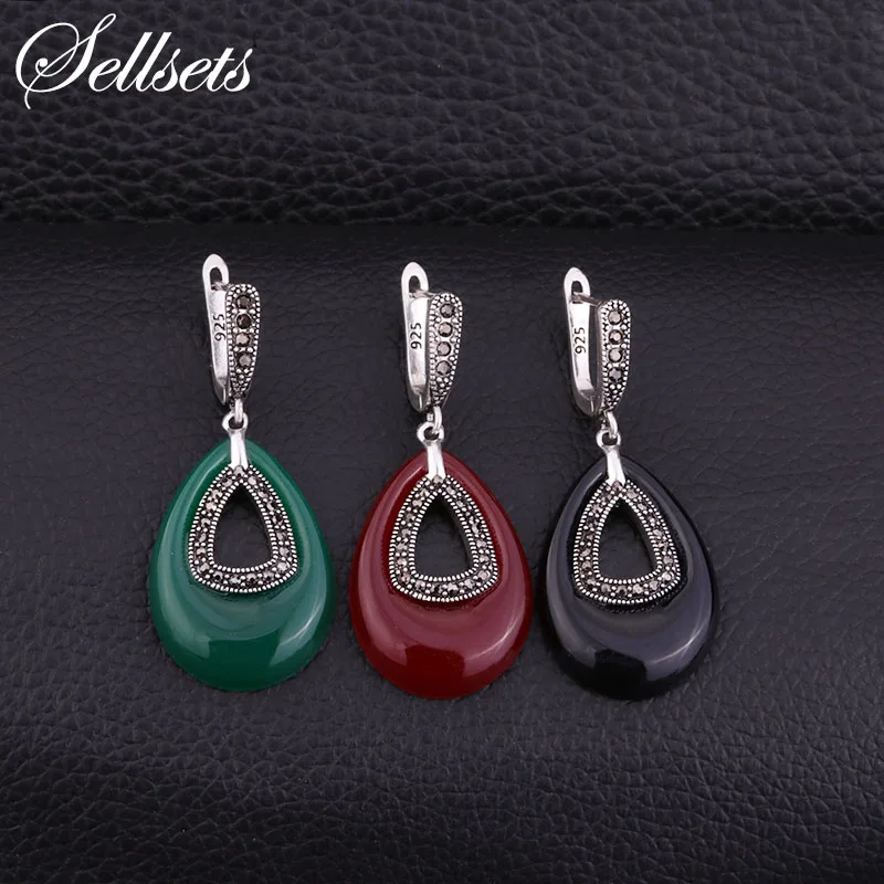 

Sellsets Red Green Black Resin Vintage Earring Silver Color Fashion Elegant Dangle Drop Earrings Women Jewelry Party Gifts