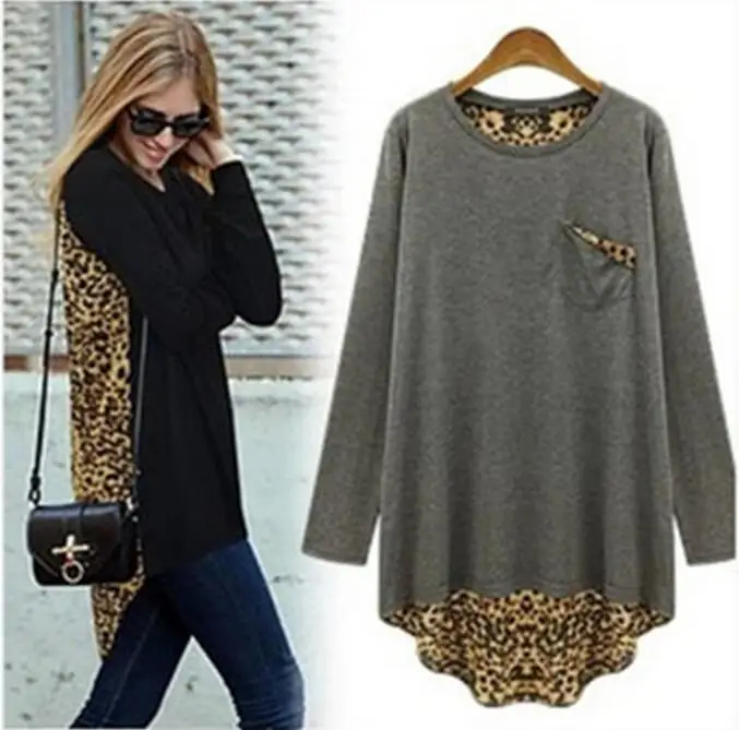 

Women vintage Leopard shirts black long sleeve loose blouse plus size casual tops blusas chemise femme XL-5XL