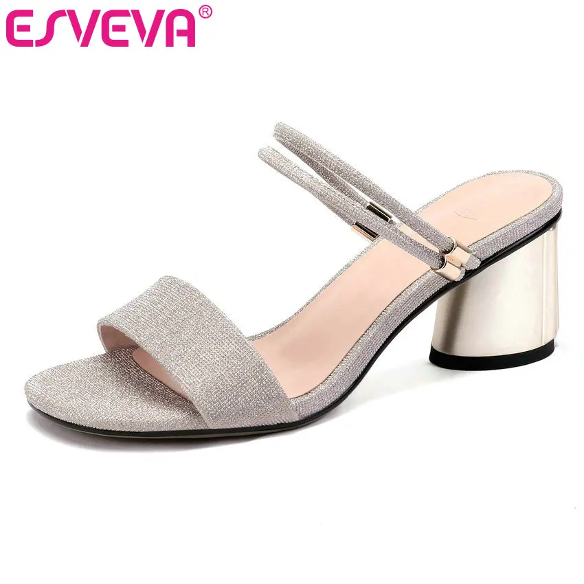 

ESVEVA 2019 Women Sandals Cow Leather +PU Elegant Square High Heel Round Toe Slingback Slip on Silver Ladies Pumps Size 34-42