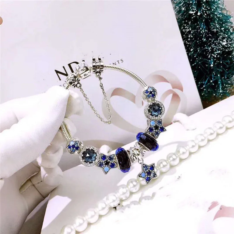 

Fits Jewelry Glamour DIY Women's Jewelry Gift Sterling Silver 925 Ocean Heart Blue Beads Stars Finished Bracelet