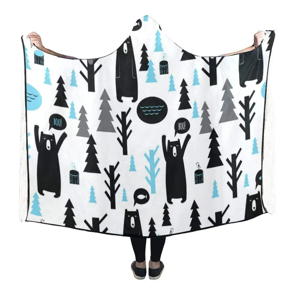 Portable Wearable Fluffy Custom Hooded Blanket Woods Bears and Trees